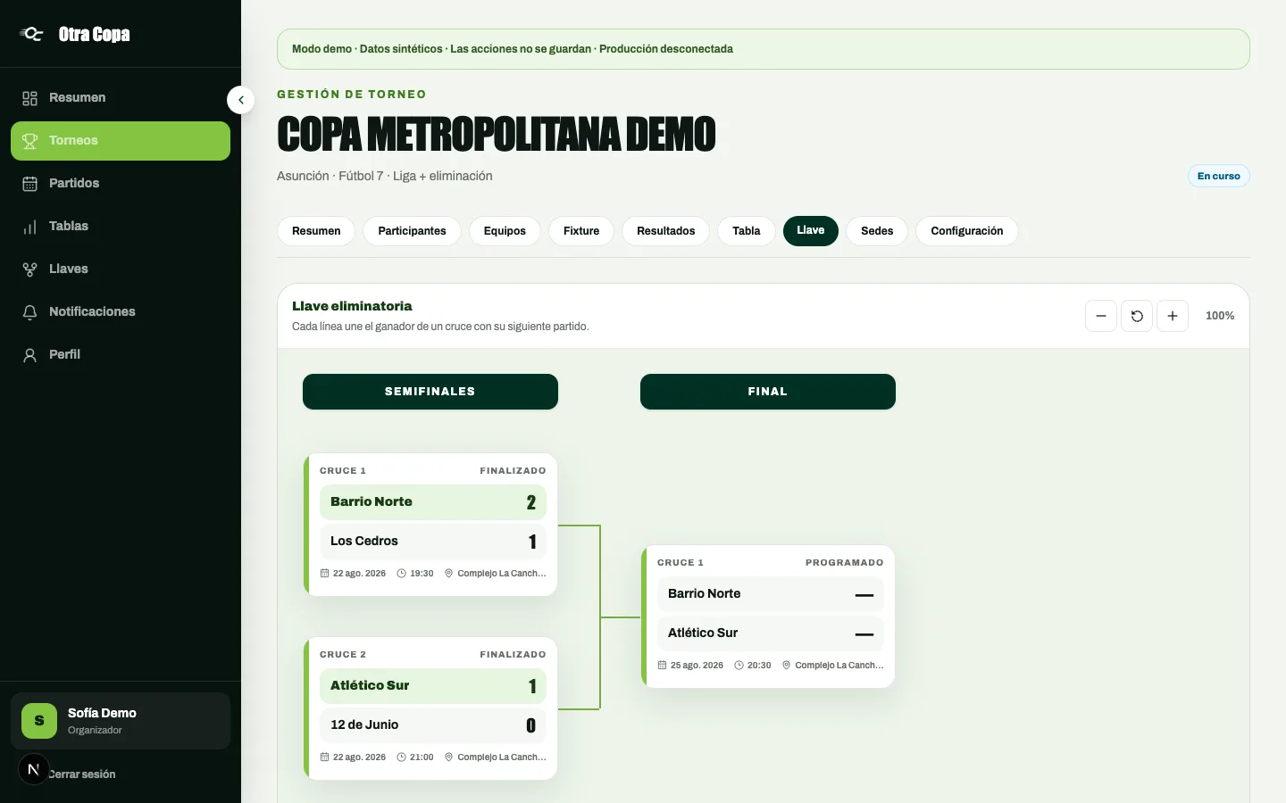 Llave eliminatoria en el panel web de Otra Copa