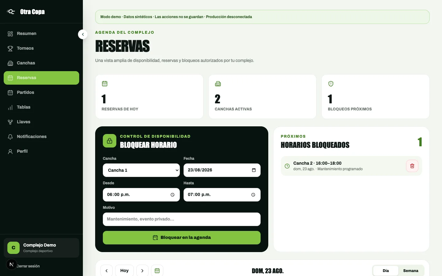 Gestión de complejos, canchas y precios en Otra Copa Web